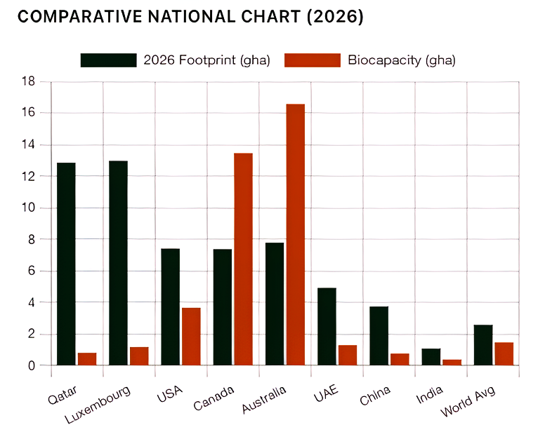 Grouped bar chart comparing each country's ecological footprint against its domestic biocapacity in global hectares per person, for Qatar, Luxembourg, the USA, Canada, Australia, the UAE, China, India and the world average.