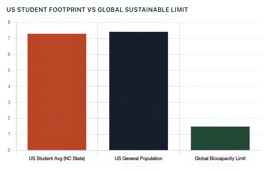 Bar chart comparing the average ecological footprint of North Carolina State University students, the US general population, and the global sustainable biocapacity limit.